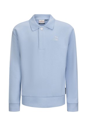 Lichtblauwe pullover met een kraaghalslijn, enkele knoopsluiting, geribde manchetten en zoom, met een klein logo-opdruk op de borst.