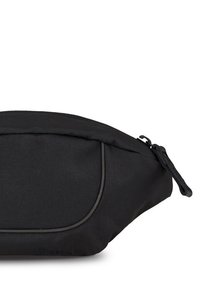 Black fabric pouch with a smooth texture, rounded shape, and black zipper. Features subtle stitching and a streamlined design.