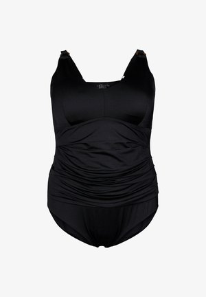 Maillot de bain noir une pièce avec section centrale froncée et bretelles réglables sur fond blanc.