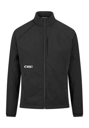 Schwarze Sportjacke mit Reißverschluss vorne, hohem Kragen, Seitentaschen und reflektierenden Akzenten. Hergestellt aus leichtem, wasserabweisendem Material.