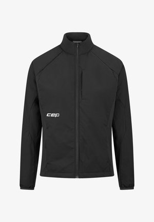 Schwarze Sportjacke mit Reißverschluss vorne, hohem Kragen, Seitentaschen und reflektierenden Akzenten. Hergestellt aus leichtem, wasserabweisendem Material.