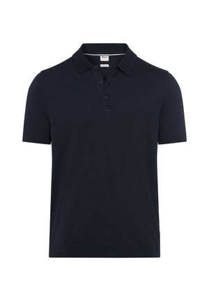 Dark navy blue short-sleeve polo shirt with collar and three-button placket, displayed on a white background.