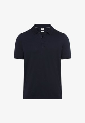 Dark navy blue short-sleeve polo shirt with collar and three-button placket, displayed on a white background.