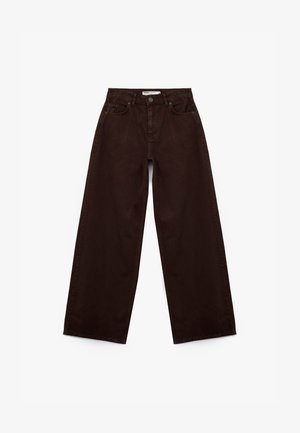 Bruine wijde jeans van katoen denim, met een hoge taille, voorzakken en een onafgebroken zoom bij de enkel. Klassiek vijf-pocket ontwerp.