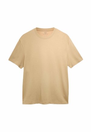 Beige kortærmet bomulds-T-shirt med rund hals og løs pasform, vist på en hvid baggrund.