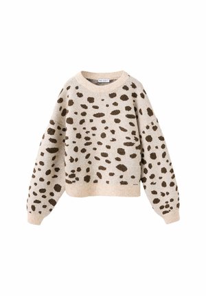 Beiger gestrickter Pullover mit braunen unregelmäßigen leopardähnlichen Flecken, langen Ärmeln sowie gerippten Bündchen, Halsausschnitt und Saum.