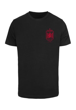Zwarte katoenen t-shirt met een rood embleem met "ESPANA" en een wapenontwerp. Korte mouwen en ronde hals met een rechte snit.