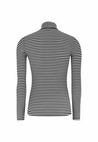 Langärmliges Turtleneck-Oberteil aus Baumwollmischung, mit taillierter Silhouette, schwarz-weißen horizontalen Streifen, hohem Kragen und gerippter Textur.