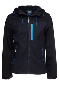 Chaqueta con capucha y cremallera para hombre en negro, con un tejido texturizado, cremalleras azules, cordones ajustables y bolsillos laterales.