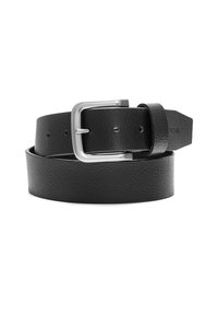 Czarny skórzany pasek o fakturowanym wykończeniu, z metalową klamrą w kolorze srebrnym i klasycznym zębem, zaprojektowany do standardowego użytku z oczkami paska.