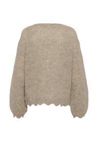 Beige gestrickter Pullover mit einem cropped Design, weiten Ärmeln und gewelltem Saum. Verfügt über eine strukturierte Oberfläche und einen lockeren, bequemen Sitz.