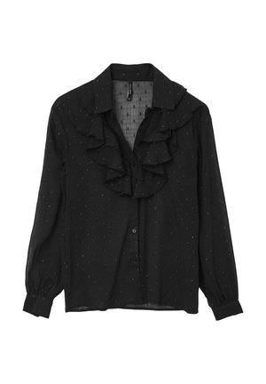 Blusa nera a maniche lunghe con chiusura a bottoni, colletto volant e una sottile texture a pois su tessuto trasparente.