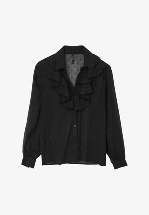 Blusa nera a maniche lunghe con chiusura a bottoni, colletto volant e una sottile texture a pois su tessuto trasparente.