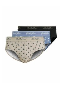 Drei Paare Herrenunterhosen in Beige, Hellblau und Schwarz, mit unterschiedlichen Segelbootmustern und elastischen Taillengummis mit Logo.