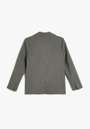 Grijze blazer van een gestructureerde stof, met een notch-kraag en lange mouwen. Heeft een gezounde achterkant en een getailleerde pasvorm.