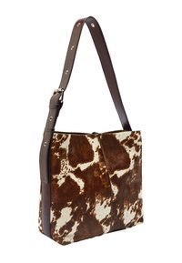 Torba na ramię z brązowej i kremowej skóry bydlęcej o płaskim kształcie, z brązowym skórzanym paskiem i zamkiem błyskawicznym. Charakteryzuje się miękkim, teksturowanym wykończeniem.