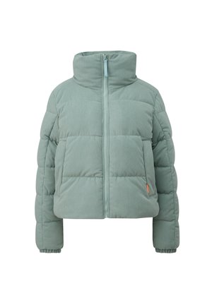 Lichtgroene corduroy pufferjack met hoge kraag, voorkant met ritssluiting en geribbelde manchetten. Heeft een boxy silhouet en contrasterend logo detail.