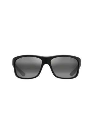 Occhiali da sole neri con lenti rettangolari, tonalità scura sfumata, montatura robusta e fianchi texturizzati. Design leggero adatto per l'uso all'aperto.