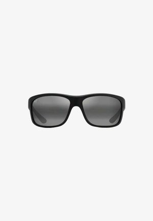 Gafas de sol negras con lentes rectangulares, tinte gradiente oscuro, montura resistente y lados texturizados. Diseño ligero adecuado para uso al aire libre.