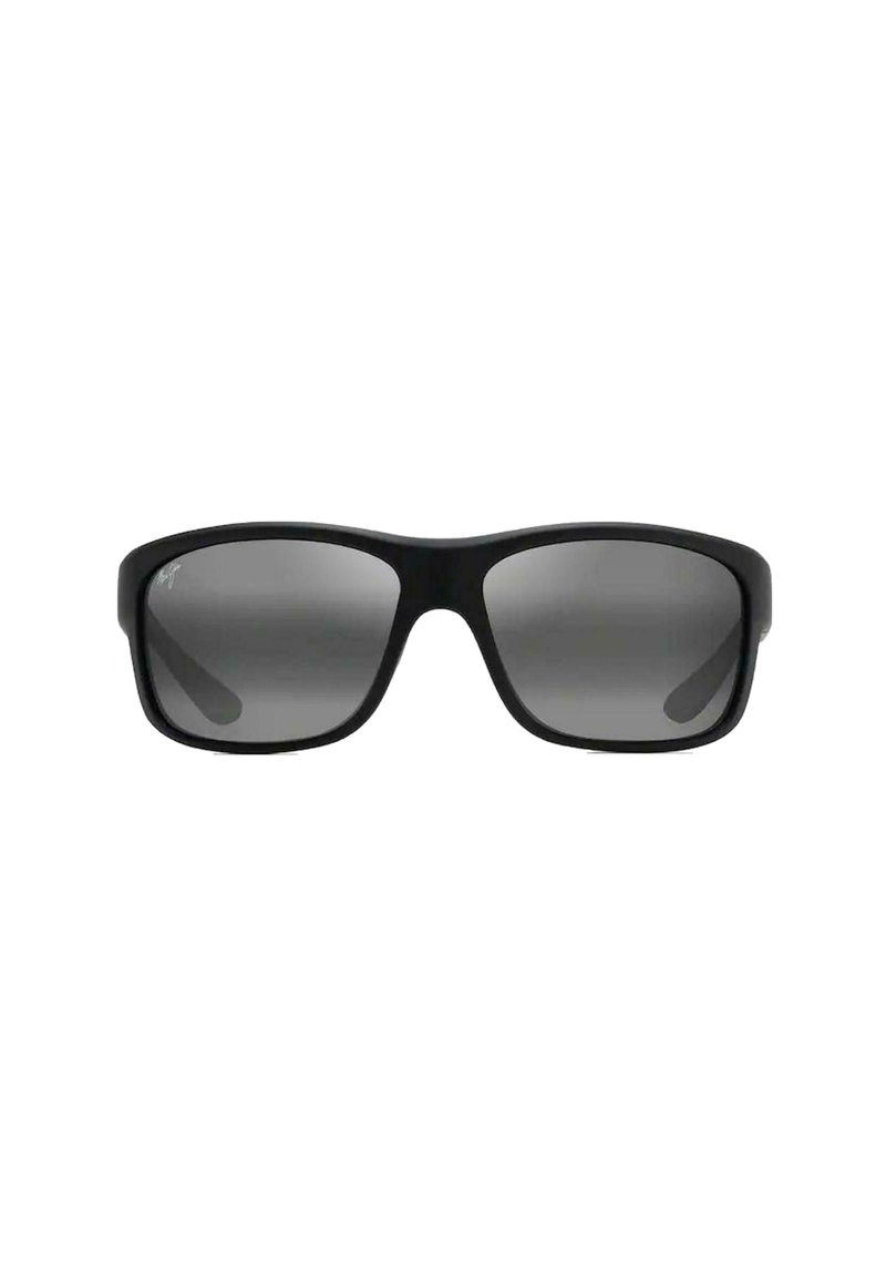 Occhiali da sole neri con lenti rettangolari, tonalità scura sfumata, montatura robusta e fianchi texturizzati. Design leggero adatto per l'uso all'aperto.
