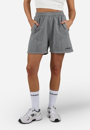 Shorts din bumbac gri cu talie elastică, două buzunare laterale și detalii subtile de cusătură. Branding negru vizibil pe picior.