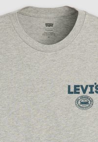 Pilka medvilninė marškinė su apvalia iškirpte, su mėlynu Levi's logotipu ir apvaliu prekės ženklu atspausdintu priekyje.