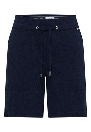 Shorts bleu marine texturé avec taille élastique, cordon avec embouts métalliques et poches plaquées à l'avant.