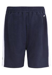 Shorts sportivi blu navy con elastico in vita, caratterizzati da pannelli laterali bianchi e un piccolo logo sull'orlo sinistro. Tessuto con texture liscia.