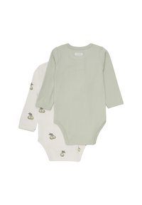 Dwa body z długim rękawem: jedno w miękkim zielonym prążkowanym materiale, a drugie białe w żółty wzór gruszek. Oba mają okrągłe dekolty i zapięcia na zatrzask.