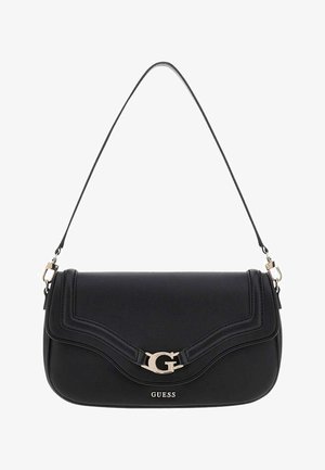 Borsa a tracolla in pelle nera con fibbia con logo "G" dorato e tracolla regolabile, con marchio GUESS sul davanti al centro.