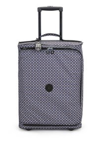 Wheeled suitcase with a geometric pattern in dark blue and white. Features a retractable handle, zippers, and a prominent logo emblem.