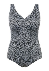 Zwart eendelig badpak met een blauwe bloemenprint, met brede straps, een diepe V-hals en een gestructureerde stofdetail.