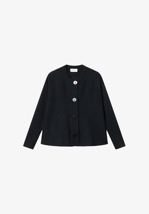 Cárdigan negro hecho de una tela suave, con cuello redondo, mangas largas y cinco botones en diferentes tonos de negro y gris.