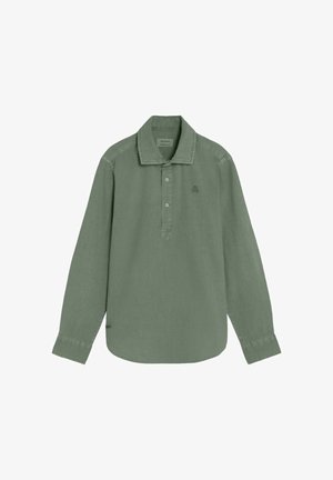Lange mouwen olijfgroen poloshirt met een knoopsluiting met drie knopen, een brede kraag en een subtiel geborduurd logo op de borst.
