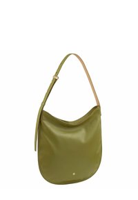 Borsa a spalla verde in pelle con texture liscia, forma arrotondata e tracolla regolabile di colore crema. Presenta un piccolo logo dorato sul davanti.