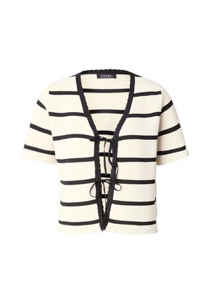 Kortermet, kort overdel i ribbet stoff med horisontale svarte striper på kremfarget bakgrunn, med V-hals og justerbar knyting.