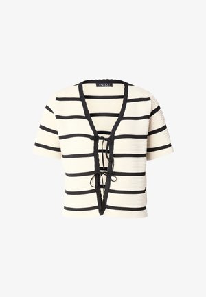 Kortermet, kort overdel i ribbet stoff med horisontale svarte striper på kremfarget bakgrunn, med V-hals og justerbar knyting.