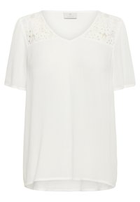T-shirt blanc à manches courtes avec un col en V, un corps texturé et des accents en dentelle florale sur les épaules. Tissu doux et léger.