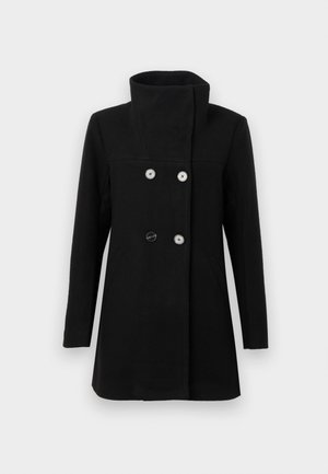 Manteau noir croisé avec col haut, trois boutons visibles, manches longues et poches latérales sur fond clair.