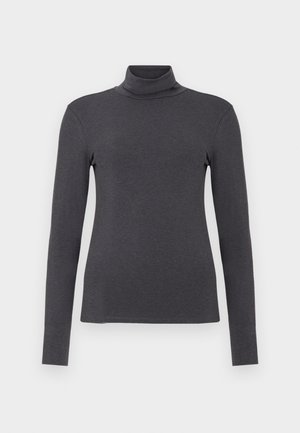 Suéter de cuello alto gris oscuro con mangas largas, hecho de una tela suave. Presenta un diseño ajustado y detalles de costura mínimos.