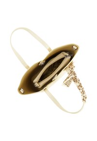 Beige gestructureerde handtas met dubbele hengsels, voorzien van een decoratieve, geometrische accent en een contrasterende binnenzak.