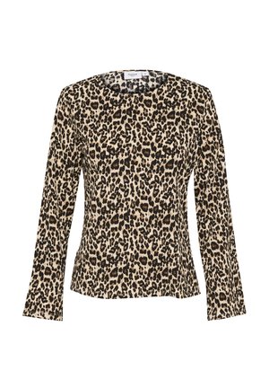 Halenka s dlouhým rukávem v leopardím vzoru s kulatým výstřihem, vyrobená z měkké látky. Má béžové pozadí s černými a hnědými skvrnami.