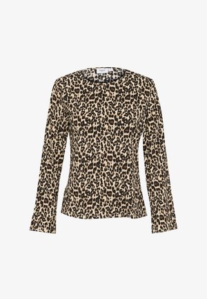 Halenka s dlouhým rukávem v leopardím vzoru s kulatým výstřihem, vyrobená z měkké látky. Má béžové pozadí s černými a hnědými skvrnami.