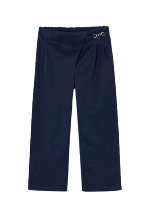 Pantaloni blu navy con vestibilità rilassata, dotati di una vita arricciata e un accento decorativo a clip argentata sul lato. Tessuto morbido.