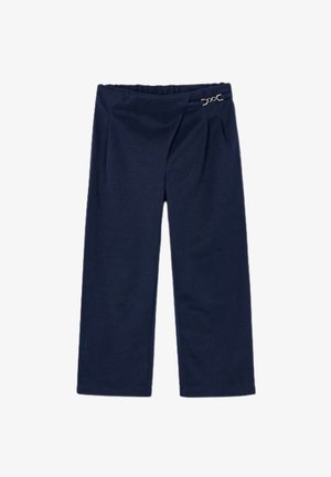 Pantaloni blu navy con vestibilità rilassata, dotati di una vita arricciata e un accento decorativo a clip argentata sul lato. Tessuto morbido.