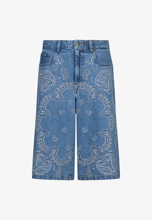 Tumesinised teksapüksid põlvekõrgused valge paisley ja lillemotiiviga tikanditega, ees nupp, vööaasad ja ees taskud.