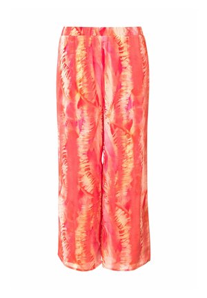 Flowy, wide-legged pants in bright coral with abstract yellow and pink patterns. Soft fabric with elastic waistband for comfort.