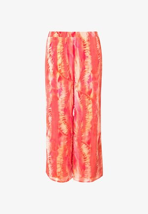 Flowy, wide-legged pants in bright coral with abstract yellow and pink patterns. Soft fabric with elastic waistband for comfort.