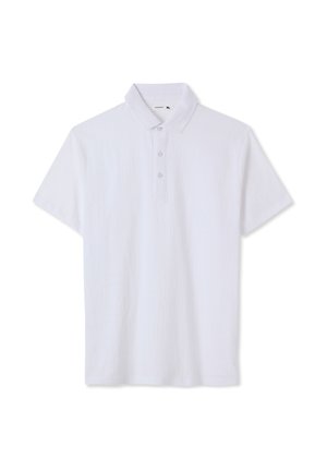 Polo bianca realizzata in tessuto strutturato, con colletto classico e abbottonatura a tre bottoni. Maniche corte con vestibilità comoda.