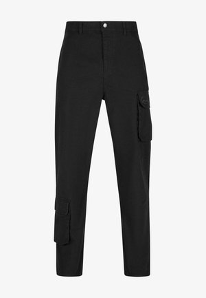 Feketére színezett cargo nadrág tartós anyagból, egyenes szárú dizájnnal, oldalsó zsebekkel és gombos derékkal.